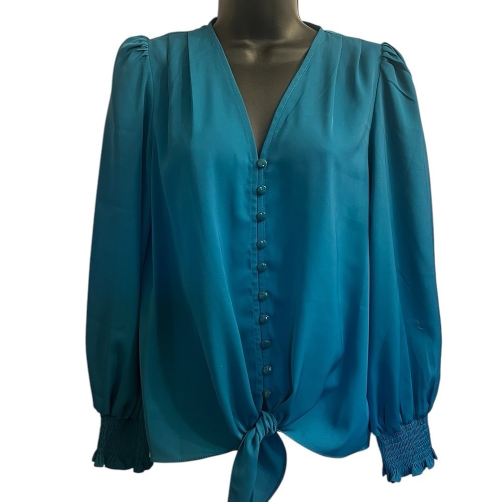 Jade Melody Tam V-Neck Long Sleeve Full Button and Tie Teal Women’s Top Sz S